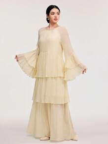 Veilorie Women's Solid Color Elegant Semi-Sheer Long Sleeve Dress - Apricot - View 2
