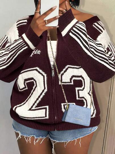 Slaydiva Cardigan holgado de punto con cremallera, color burdeos y marfil, con el número 23, para mujeres de talla grande, apropiado para la temporada de otoño temprano 2025 de ropa universitaria, urbana, casual diaria y de vuelta al colegio