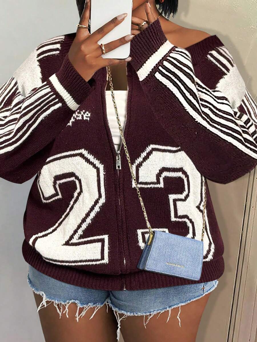 Slaydiva Cárdigan de punto con cremallera, número 23, holgado, color burdeos e marfil, para mujer talla grande, para otoño temprano, estilo universitario y urbano casual, para uso diario y vuelta al colegio, para salidas diarias en invierno y otoño - Burdeos - Ver 1