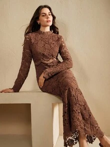 Anewsta 女士优雅法式玫瑰色高品质缎面撞色蕾丝长裙女装 - 咖啡 - 查看 6