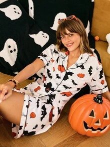 Chillnights Women's Halloween Bat & Pumpkin Print Lapel Pajama Set Cute Pajama Set For Women - White - View 1
