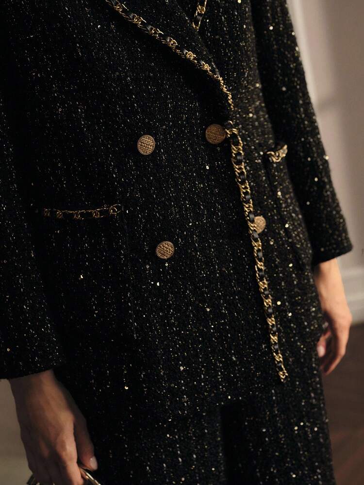TWEED SEQUINS DOUBLE BREASTED PLACKET BLAZER