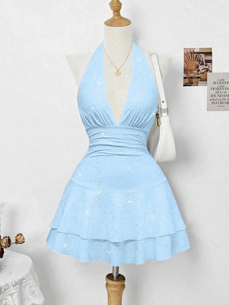 SHEIN Clasi Đầm cổ yếm đính sequin thanh lịch dành cho nữ, thích hợp cho kỳ nghỉ và tiệc tùng - Màu xanh nhạt - Xem 1