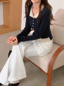 DAZY Cardigan elegant 2 în 1 pentru femei, cu mânecă lungă, în culori contrastante, toamnă/iarnă - Albastru marin - Vizualizare 4