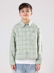 SUMWON Boys Plaid Button Down Shirt Collared Long Sleeve Casual Fall Winter Spring Classic Checkered Loose Fit Preppy School Top Youth Leisure Shirt