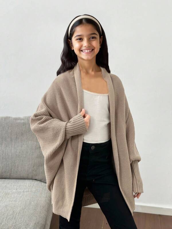 SHEIN Tween Girl Casual Warm Oversized Batwing Sleeve Cardigan, Khaki Color Suitable For Home, Outdoor, School In Autumn/Winter