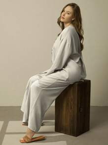 Linhara Ensemble 2 pièces, Top à manches longues et pantalon, grande taille, couleur unie, casual, automne