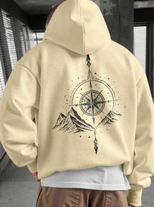 Manfinity EMRG 卡其色休闲连帽落肩卫衣，罗纹针织细节，几何印花山峰图案连帽衫，指南针图案连帽衫，米色，秋冬款，长袖上衣 - 卡其色 - 查看 1