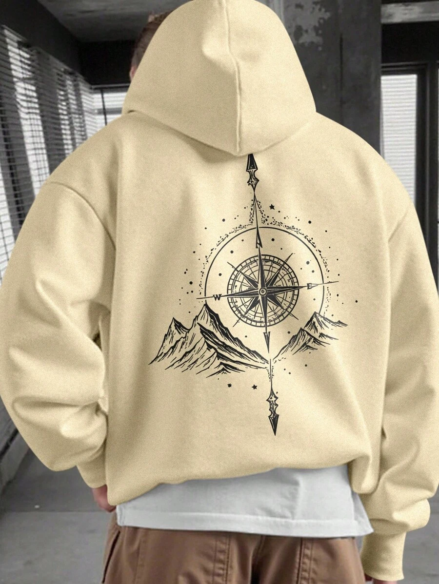 Manfinity EMRG 卡其色休闲连帽落肩卫衣，罗纹针织细节，几何印花山峰图案连帽衫，指南针图案连帽衫，米色，秋冬款，长袖上衣 - 卡其色 - 查看 1