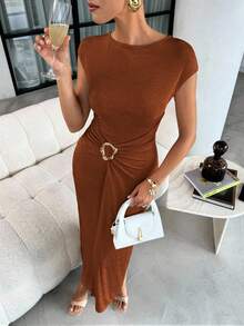 Lavishia Summer Apricot Shiny Chiffon Round Neck Short Sleeve Fashionable Metal Decor Slim Fit Dress For Women - Mocha Brown - View 3