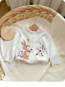 SHEIN Cardigan a maglia a manica lunga con bottoni singoli, con ricamo di conigli cartoni animati e fiori, con volant, per neonata