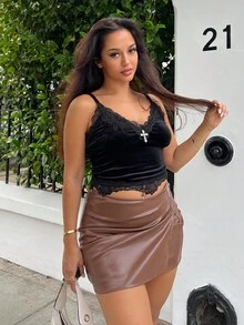 NegzBox Gothic Sexy Velvet Cropped Tank Top With Lace Trim And Metal Cross Detail For Women - Black - View 1