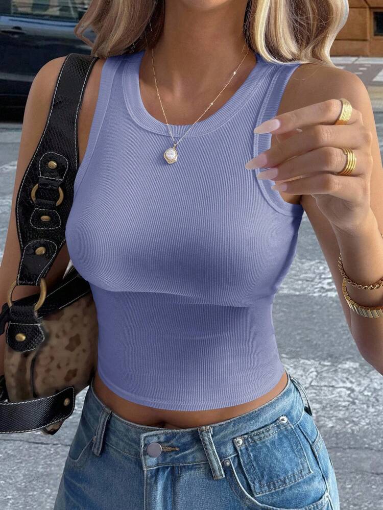 Women's Solid Color Round Neck Ribbed Cropped Casual Tank Top