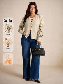 Elaquor Plus Size Elegant French Style Casual Striped Print Lightweight Knit Pullover Sweater For Women Autumn Winter Clothes For Women Fall/Winter - Beige - View 5
