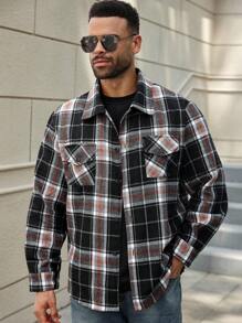 Manfinity Homme Veste casual en mélange de laine à manches longues, simple boutonnage, à carreaux, grande taille, pour hommes - Multicolore - Voir 5