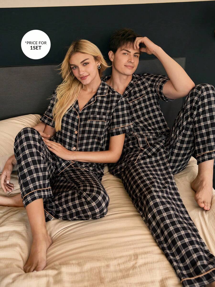 SHEIN Conjunto de pijama de mujer con estampado de cuadros retro y ribete de contraste en mangas cortas y pantalones, adecuado para verano y otoño - Negro - Ver 1