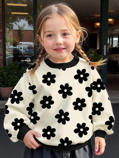 SHEIN 奶油白色、可爱花卉印花、Y2K、城市漫步、街头风、年轻女孩休闲宽松圆领舒适日常针织长袖运动衫、适合秋冬季、复古街头服饰、轻松舒适的夏季服装、儿童秋季分层装、时尚儿童、休闲装、儿童图案服装、秋季服装、返校节、返校节、适合户外野餐、郊游、街头摄影、居家、校园