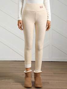 Easowa Women's Beige Thermal Lined Leggings, Autumn/Winter Cream Leggings Knit Leggings Leggings Women Leggings Ankle Leggings Women Bottoms Long Pants Women Warm Leggings High Waisted Leggings Winter Women Clothes - Apricot - View 4