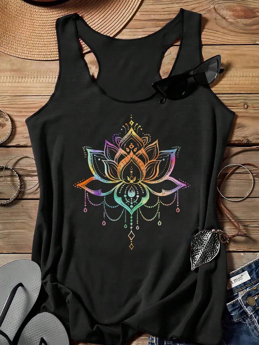 EMERY ROSE Women's Casual Minimalist Watercolor Colorful Henna Pattern Slim Fit Racerback Tank Top, Summer - Black - View 1