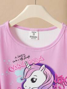 SHEIN 女童修身长袖上衣和裤子套装，粉色上衣搭配彩色独角兽涂鸦图案长裤，采用弹力面料，活动自如。 - 彩色 - 查看 7