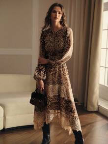 MOTF PREMIUM LEOPARD PRINT LANTERN SLEEVE LACE INSERT ASYMMETRICAL HEM DRESS - Brown - View 5