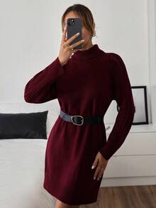 EURMUSE 深酒红色立领修身麻花袖针织毛衣裙 - 酒紅色 - 查看 6