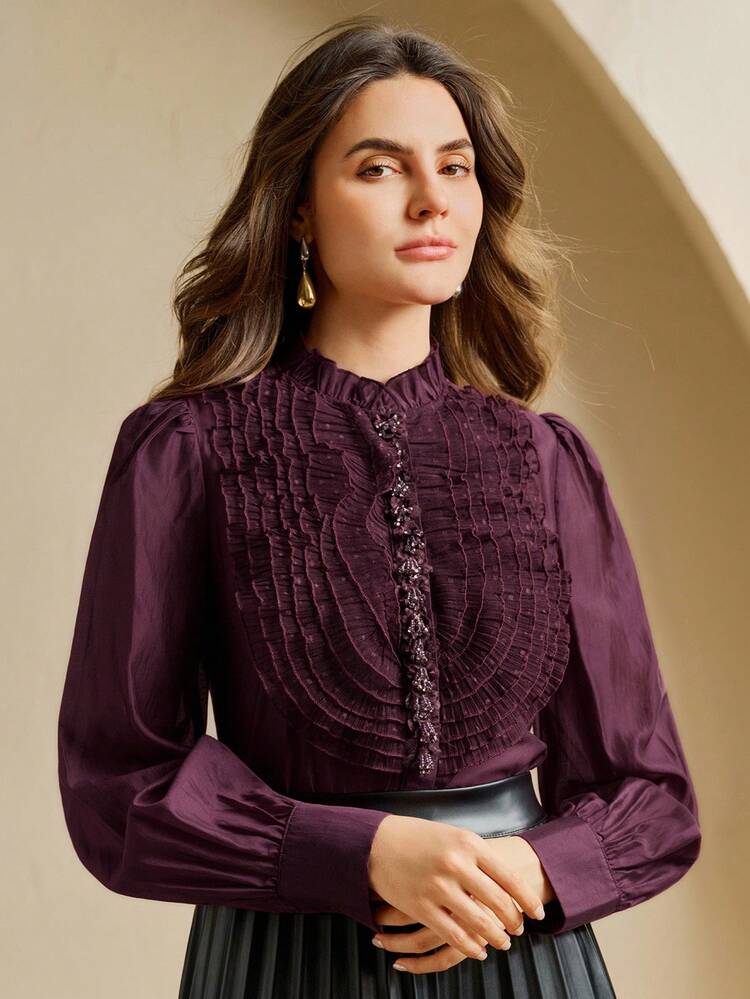 Women's Elegant Party Ruffle Collar Lace 3D Flower Blouse, Suitable For Spring, Autumn, Winter, Elegant, Chic, New Year, Casual, Christmas