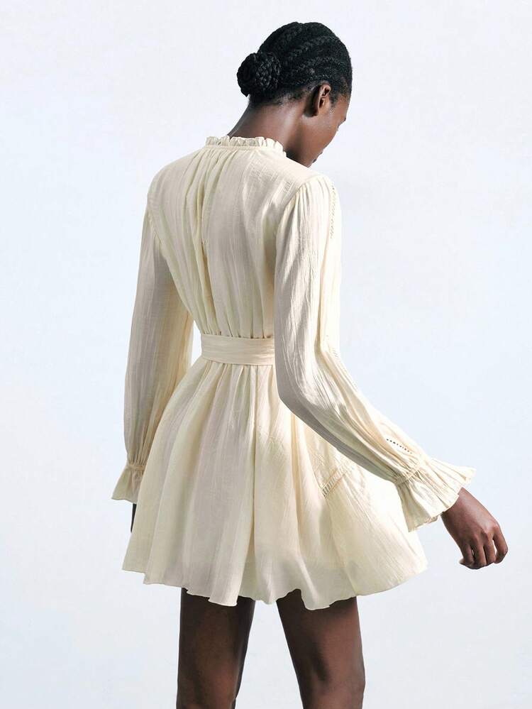 SHEIN Maija 2025 Early Autumn Vacation Round Neck Ruffle Tie Design Lace Patchwork Lantern Sleeve Textured Ruffle Design Women Short Dress Tie Front Dress Drawstring Dress Smock Dress Mini Dress Cream Dress