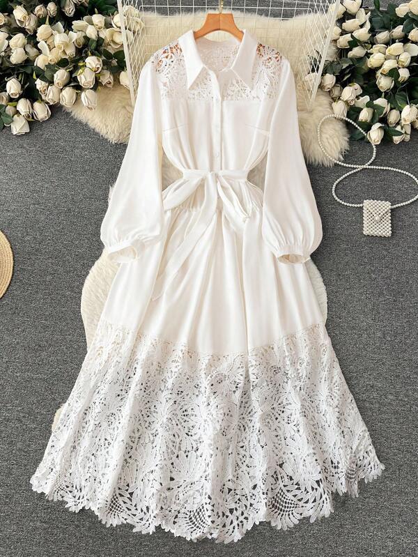 DreamSkyne Romantic Date  Plus Size Women Shirt Collar Contrast Lace 3/4 Sleeve Tie Waist Elegant Shirt Dress For Office Wear