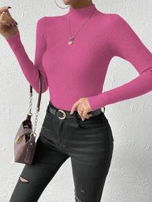 RosyDaze Áo len cổ đứng màu trơn đơn giản, dáng ôm, thu/đông - Màu Hồng  San hô - Xem 7