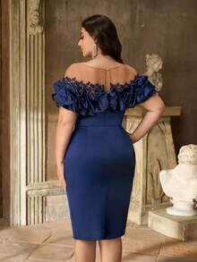 Aureia Đầm cỡ lớn mùa thu đông thanh lịch, lãng mạn, lộng lẫy với cổ áo cách điệu, tay áo bồng bềnh, thiết kế đính sequin, xếp ly ôm sát hông, thích hợp cho tiệc sinh nhật, tiệc tối, khiêu vũ, kỳ nghỉ, lễ tốt nghiệp, lễ hội, đám cưới, tiệc cocktail, ngày Valentine. - Màu xanh hải quân - Xem 5