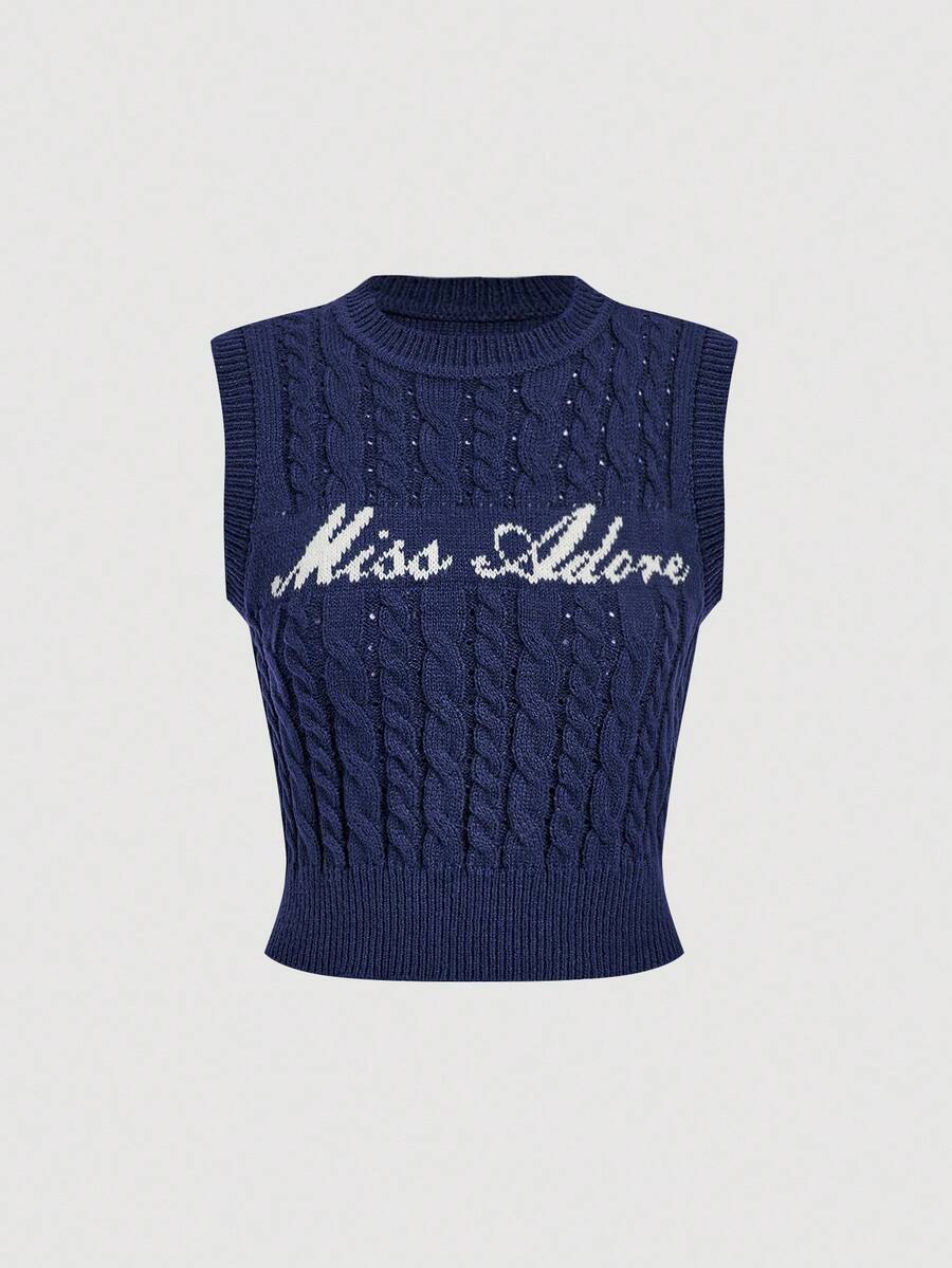 SHEIN MOD Áo len dệt kim kiểu dáng đại học thường ngày dành cho nữ - Màu xanh hải quân - Xem 1