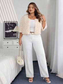 SHEIN CURVE+ Áo khoác mỏng tay ngắn họa tiết hoa hồng 3D cỡ lớn cho nữ, thanh lịch, tối giản, lãng mạn, thời trang, thích hợp cho hẹn hò, tiệc tùng, đi làm, nghỉ dưỡng - Màu be - Xem 5