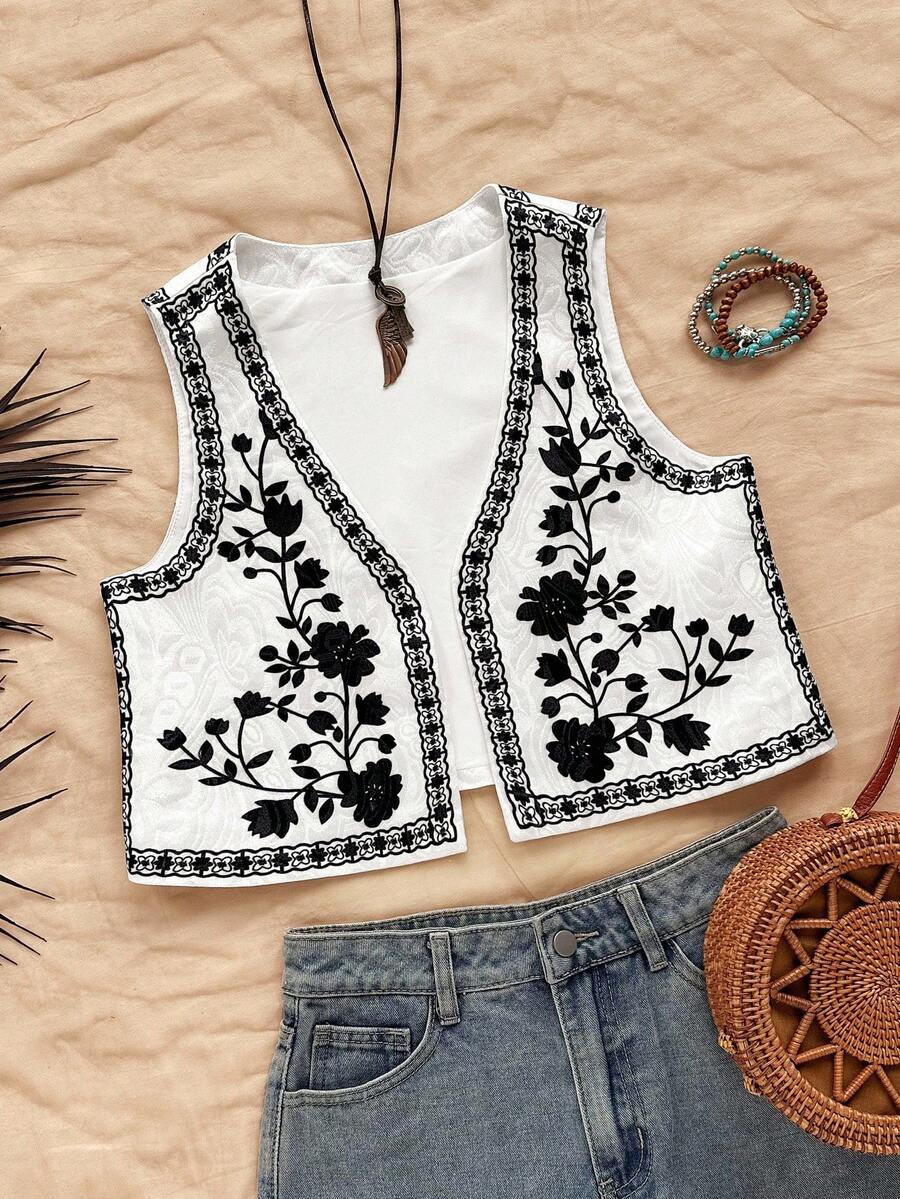 Soleia Women's Spring/Summer Open Front Embroidered Casual Top Jacket, Party, Boho Top Floral Top Embroidered Top Summer Top Boho Summer Tops - Black and White - View 1