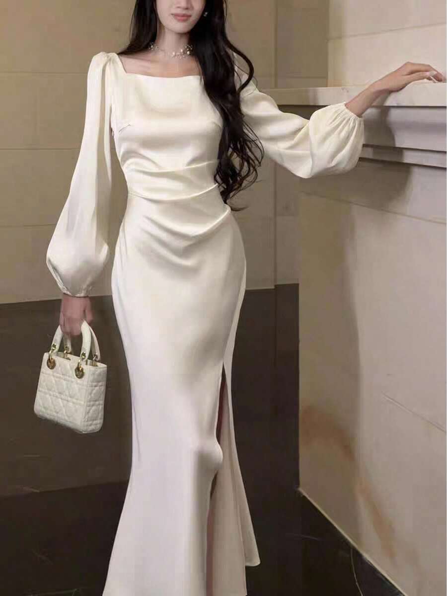 Celisse 女士优雅纯色灯笼袖鱼尾连衣裙 - 杏色 - 查看 1