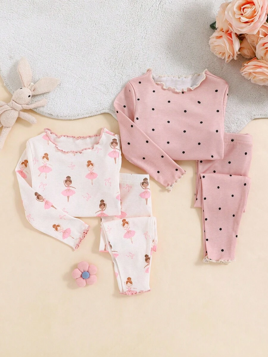 4 件套女婴可爱猫咪图案荷叶边圆领长袖柔软舒适睡衣套装 - 彩色 - 查看 1