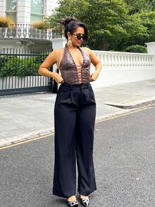 NegzBox Vintage Elegant Jacquard Pleated Wide-Leg Pants For Women, Autumn/Winter - Black - View 3
