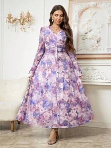 SHEIN Clasi Curvy Plus Size 女式紫色优雅花卉印花高弹力网眼印花长袖荷叶边袖腰长裙，2025 年新款，加大码优雅浪漫花卉印花 V 领宽松喇叭袖连衣裙 - 紫色 - 查看 5