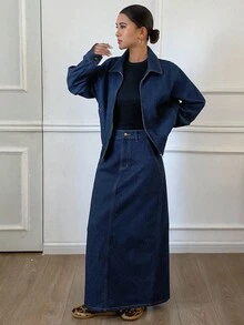 DAZY Women's Casual Hem Drawstring Loose Long Dress & Denim Suit - Blue - View 4