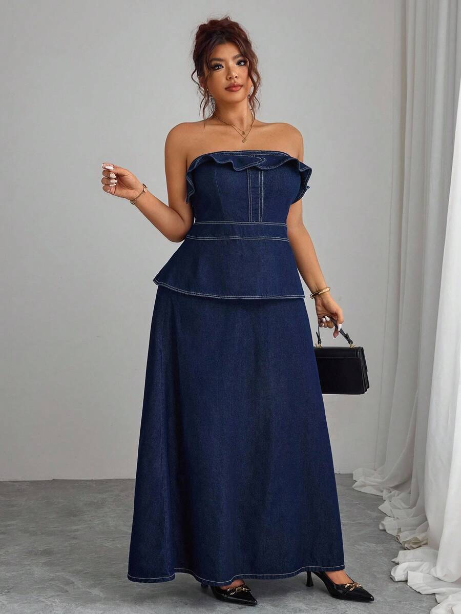 Elenzga Váy denim ống đứng màu xanh navy thanh lịch, không co giãn, mặc đi nghỉ thường ngày cho phụ nữ ngoại cỡ - Rửa tối - Xem 1