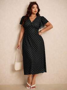 Elaquor Váy maxi chấm bi cổ chữ V xoắn lãng mạn tối giản cổ điển cỡ lớn dành cho nữ, mùa hè - màu đen - Xem 5