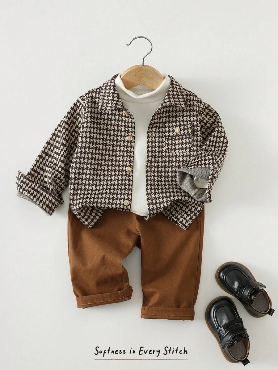 Cozy Pixies 2pcs Baby Boy Solid Color Lapel Long Sleeve Cardigan And Elastic Waist Pants Set Fall Winter - Multicolor - View 1