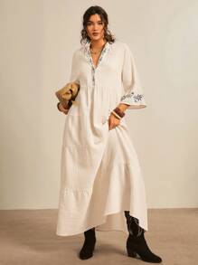 Freevana Plus Size Apricot Casual Four-Layer Dress, 3/4 Sleeves V-Neck Long Cotton Dress, Embroidered Dress, Embroidered Decorative Flared Cuffs, Waist-Length Dress, Date Evening Dress