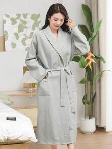SHEIN 1 pezzo di accappatoio stile waffle, vestaglia unisex per adulti, pigiama primaverile/estivo, ad asciugatura rapida e ad assorbimento d'acqua, vestibilità morbida, disponibile in più colori, essenziale per il bagno e la casa, adatto per la stagione scolastica - Colletto verde multicolore - Visualizzare 11