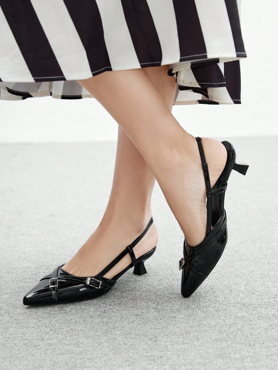 CUCCOO BIZCHIC 女士尖头小猫跟鞋黑色镂空后带舒适通勤百搭女士高跟穆勒鞋 - 黑色 - 查看 1