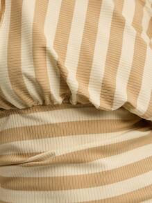 Nöista 女士秋季条纹蝙蝠袖收腰休闲时尚T恤，适合音乐节和办公室场合 - 卡其色 - 查看 4