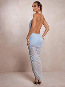 L'Amorae Women's Sexy Plunging Neck High Slit Backless Dress, Summer - Baby Blue - View 2