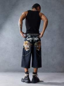 ROMWE MEN Anime Men's Denim Letter Dragon Embroidery Loose Fit Casual Shorts - Blue - View 5