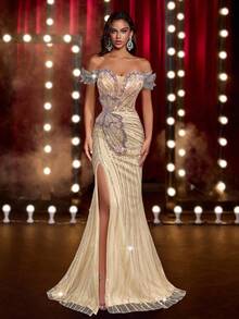 Glamrae 优雅、奢华、迷人的珍珠花卉亮片袖、露肩、性感开衩鱼尾裙，带拖尾，适合婚礼、活动、派对、度假、庆典、正式场合（重度点缀） - 香檳色 - 查看 3