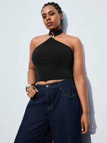 Maija 大码黑色针织挂脖背心毛衣背心金属时尚配饰黑色上衣黑色背心秋冬装女式社交衬衫别致上衣圣诞节万圣节墨西哥非洲 - 黑色 - 查看 5